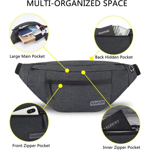 Women Men Dark Grey Large Crossbody Fanny Pack Belt Bag Hands-Free Waist Pack - Picture 3 of 7